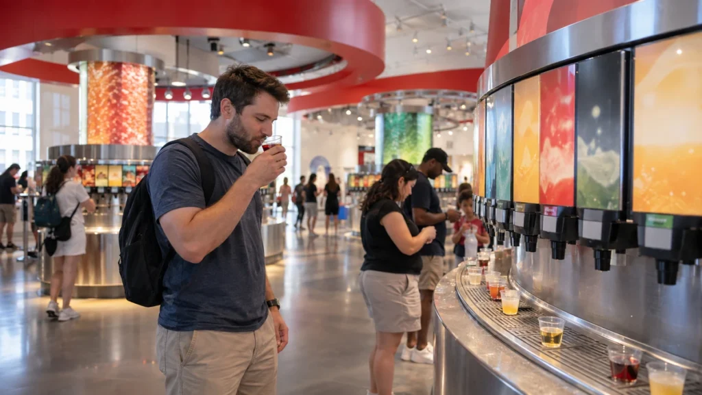 Visitors sampling international soft drinks inside the World of Coca-Cola in Atlanta.