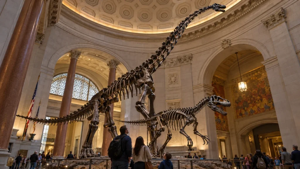 Giant dinosaur skeletons displayed beneath the grand arches of the American Museum of Natural History in Manhattan.