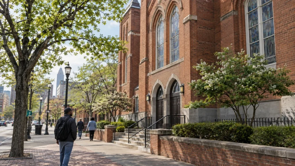 Historic Ebenezer Baptist Church in Atlanta with visitors walking along the sidewalk.