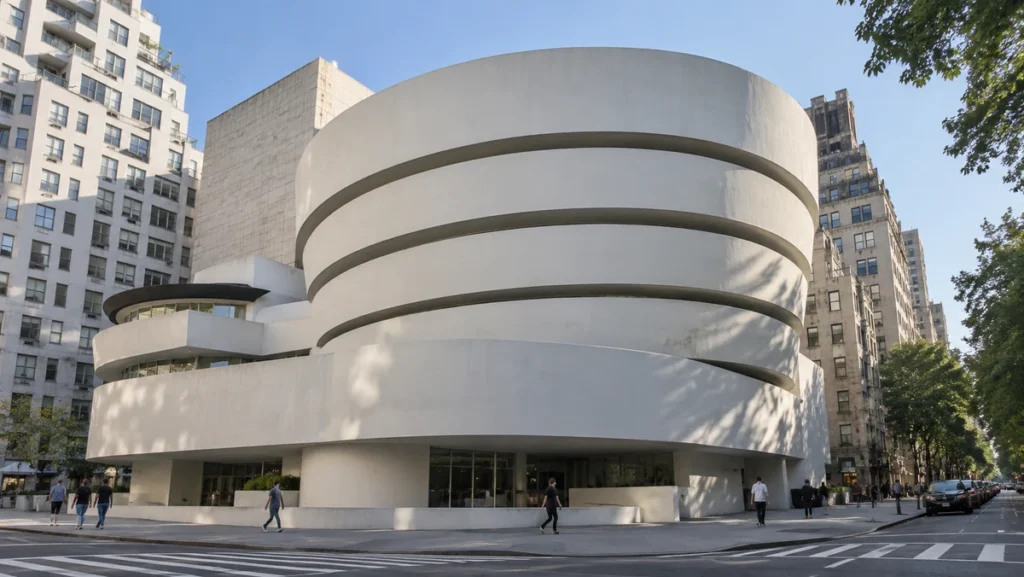 White spiral exterior of the Guggenheim Museum designed by Frank Lloyd Wright on Fifth Avenue in Manhattan.