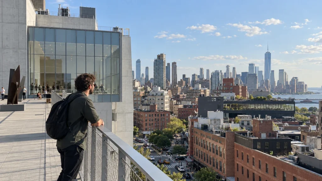 A traveler overlooking Manhattan rooftops from an outdoor terrace at the Whitney Museum of American Art.