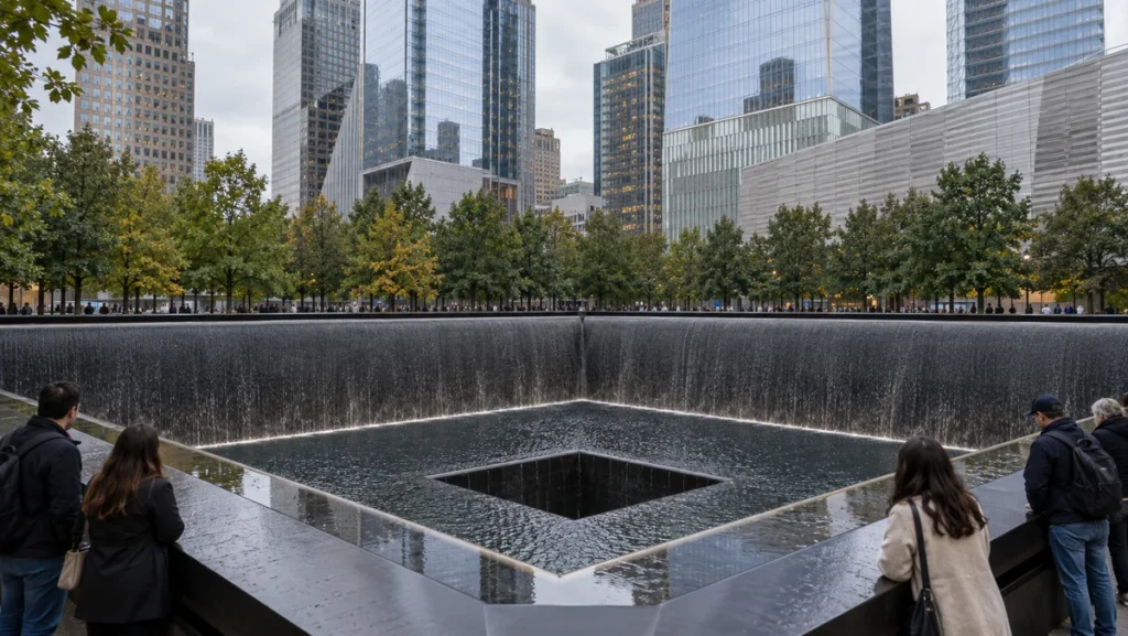 Water cascading into a reflecting pool at the September 11 Memorial, surrounded by visitors and Manhattan buildings.