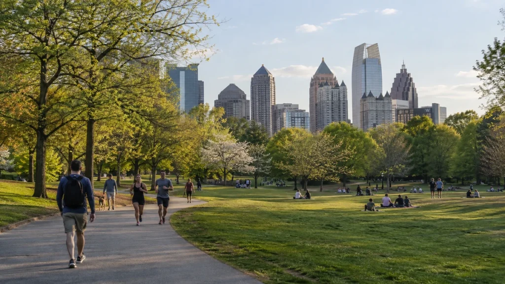 Piedmont Park with green lawns, spring trees and the Midtown Atlanta skyline.