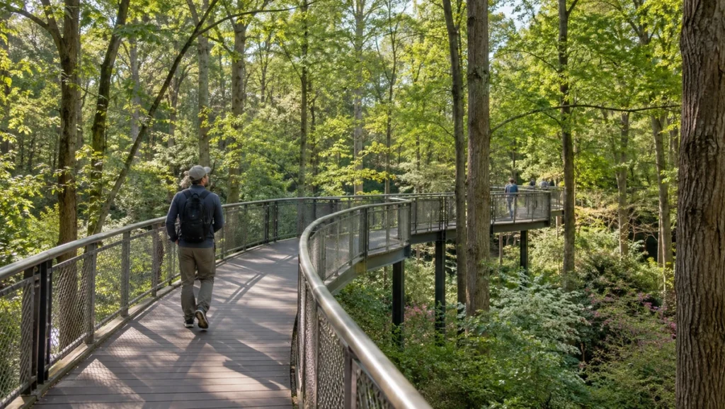Elevated Canopy Walk passing through spring woodland at Atlanta Botanical Garden.