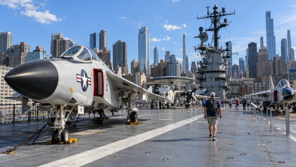 Historic military aircraft displayed on the flight deck of the USS Intrepid aircraft carrier in New York City.