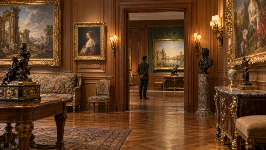 Elegant historic art gallery featuring classical European paintings, gilded frames, and antique furniture at The Frick Collection.